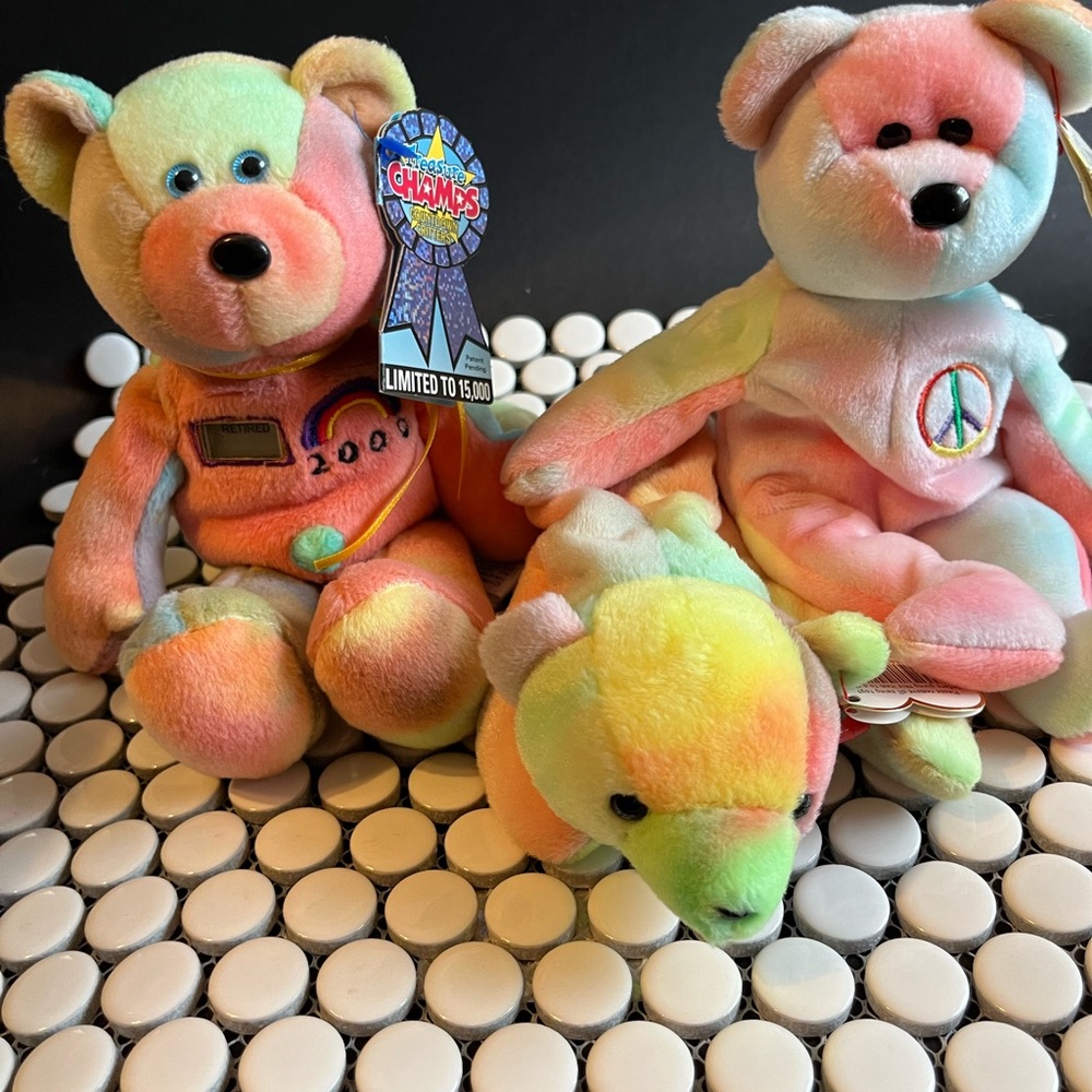 Tie dye trio of plush toys with Beanie Babies.